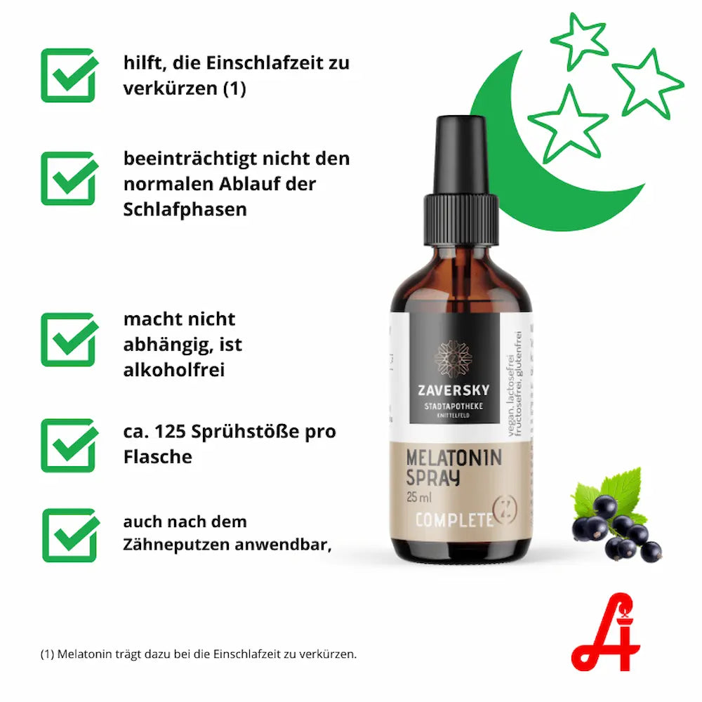 Zaversky Melatonin Spray, 25 ml, braune Sprühflasche mit Vorteilen wie kürzere Einschlafzeit, vegan und alkoholfrei, mit Mond- und Sternenmotiv
