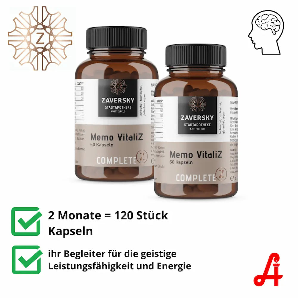 Zwei Braunglas-Dosen Memo VitaliZ Complete mit je 60 Kapseln von Zaversky, laktosefrei, fructosefrei, glutenfrei, vegan, für 2 Monate.