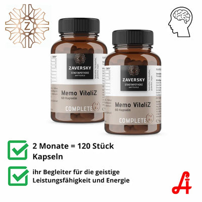 Zwei Braunglas-Dosen Memo VitaliZ Complete mit je 60 Kapseln von Zaversky, laktosefrei, fructosefrei, glutenfrei, vegan, für 2 Monate.