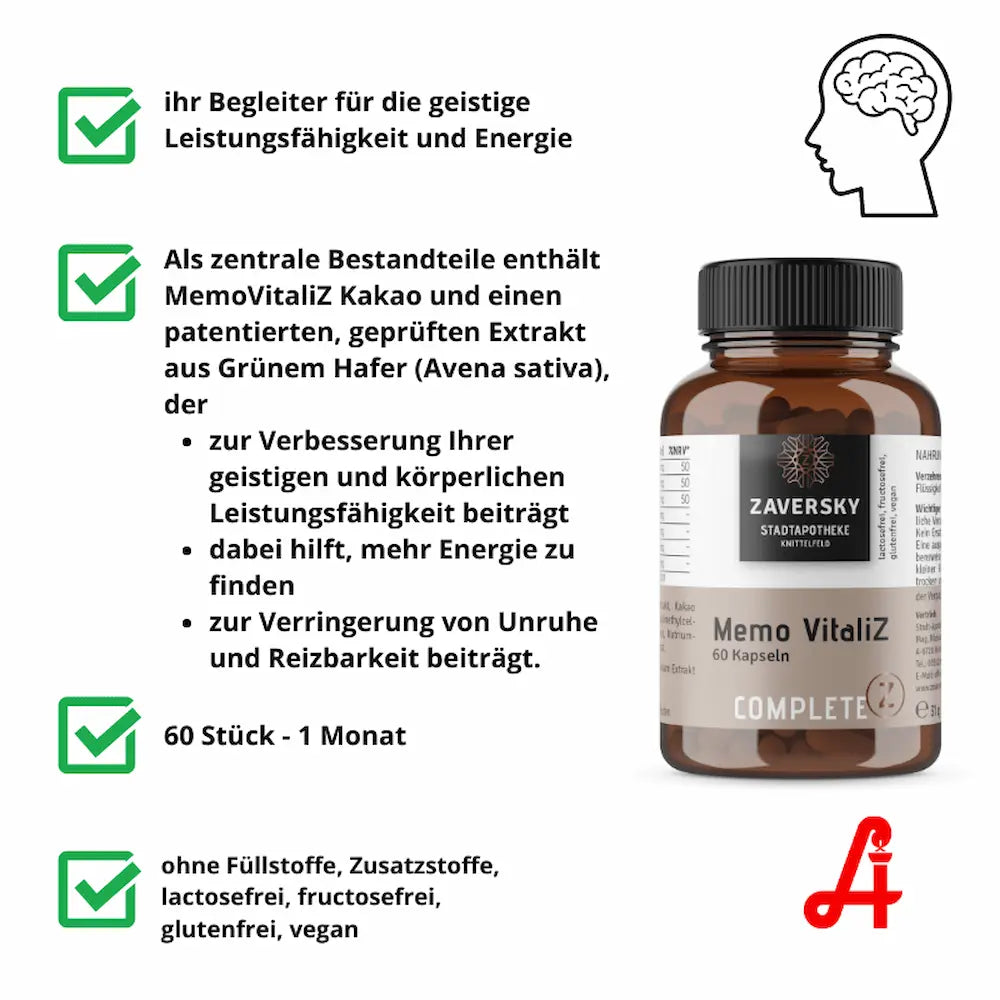 Memo VitaliZ 60 Kapseln im Braunglas mit Merkmalen: Kakao und Grüner Hafer Extrakt, lactosefrei, fructosefrei, glutenfrei, vegan.