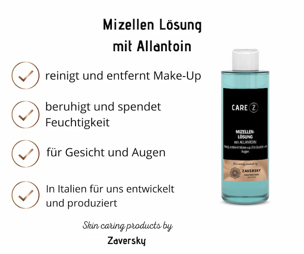 CARE Z Mizellen-Lösung mit Allantoin in hoher Flasche mit türkiser Flüssigkeit, Infografik mit Vorteilen für Gesicht und Augen