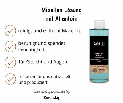 CARE Z Mizellen-Lösung mit Allantoin in hoher Flasche mit türkiser Flüssigkeit, Infografik mit Vorteilen für Gesicht und Augen