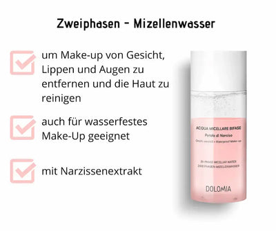 Infografik Dolomia Zweiphasen-Mizellenwasser mit Narzissenextrakt zum Entfernen von wasserfestem Make-up an Gesicht, Lippen und Augen
