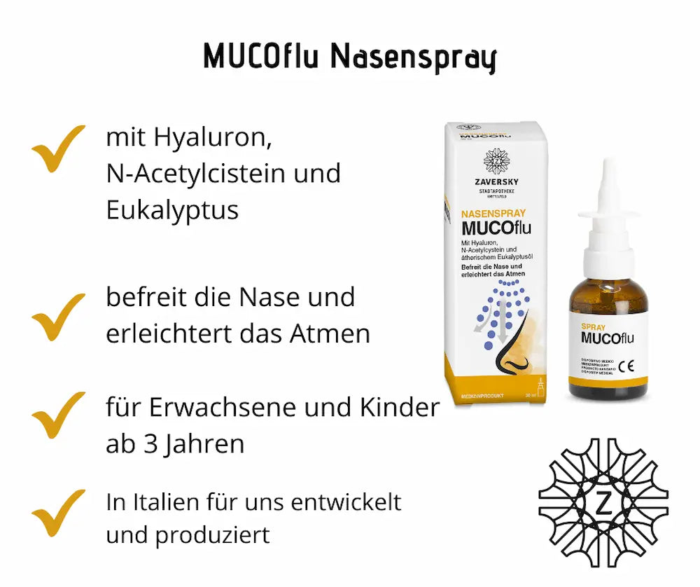 MUCOflu Nasenspray in brauner Glasflasche mit weißem Sprühaufsatz neben weiß-gelber Verpackung, Zaversky Stadtapotheke