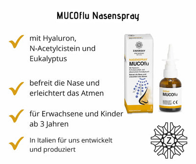 MUCOflu Nasenspray in brauner Glasflasche mit weißem Sprühaufsatz neben weiß-gelber Verpackung, Zaversky Stadtapotheke