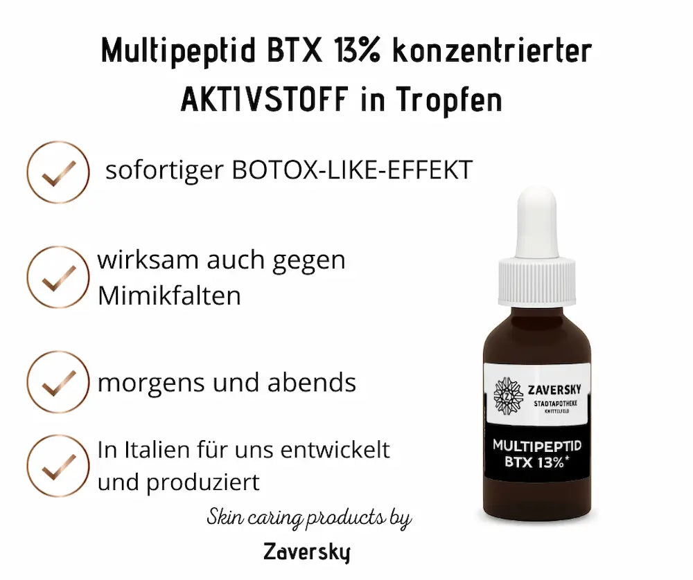 Infografik zu Multipeptid BTX 13% Tropfen von Zaversky mit brauner Tropfflasche und Hinweisen zu Botox-like-Effekt und Mimikfalten