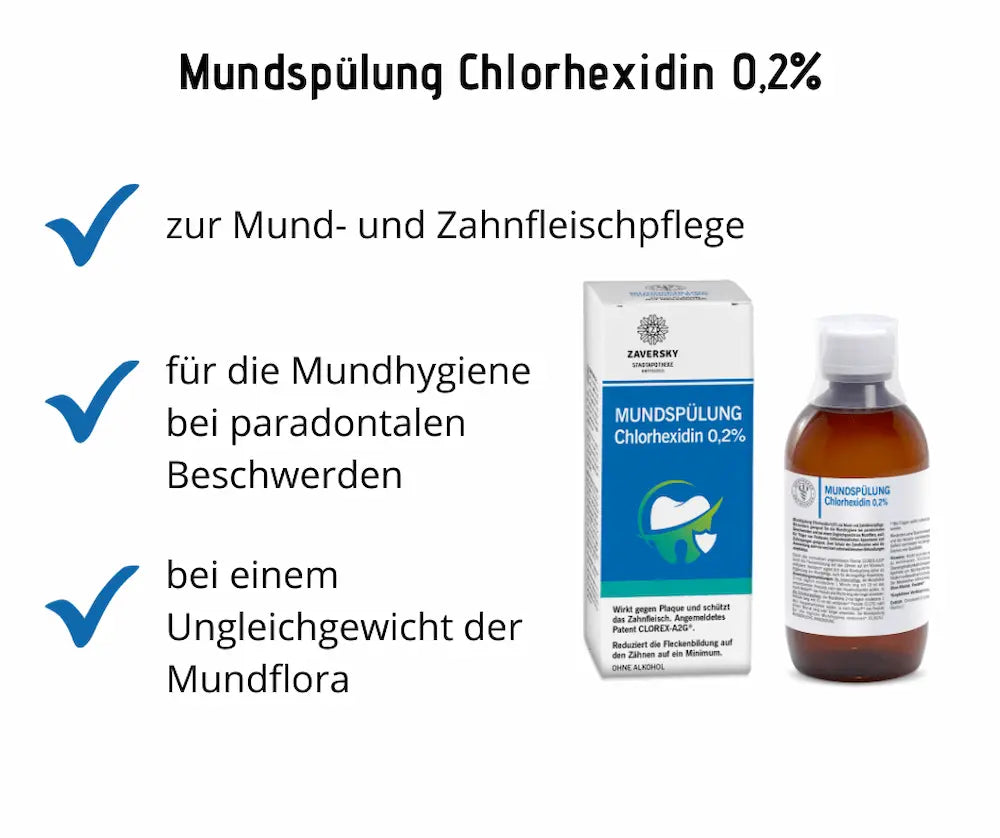 Infografik zur Mundspülung Chlorhexidin 0,2 % mit Faltschachtel, brauner Glasflasche und drei Vorteilen zur Mund- und Zahnfleischpflege