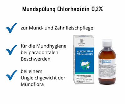 Infografik zur Mundspülung Chlorhexidin 0,2 % mit Faltschachtel, brauner Glasflasche und drei Vorteilen zur Mund- und Zahnfleischpflege