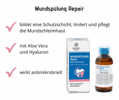 Infografik zur Mundspülung Repair mit Aloe Vera und Hyaluron, daneben Faltschachtel und Braunglasflasche mit blauem Verschluss