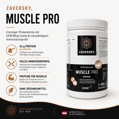 Zaversky Muscle Pro Proteinpulver Banane in weißer Dose mit schwarzem Etikett, Infografik mit 26 g Protein pro Portion, 800 g