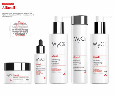 MyCli Alfacall Pflegeserie zur Hauterneuerung mit Cream, Serum, Cleanser, Toner und Lotion in weißer Verpackung