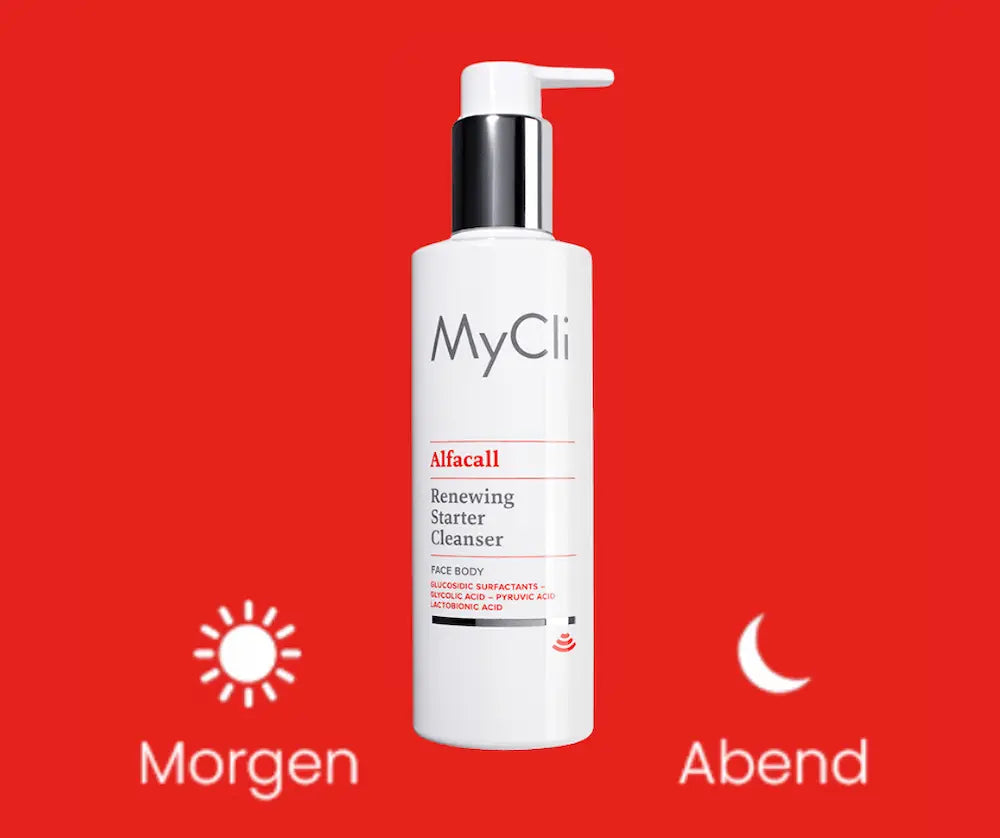 MyCli Alfacall Renewing Starter Cleanser für Gesicht und Körper in weißer Pumpflasche, mit Anwendungshinweis Morgen und Abend auf rotem Hintergrund.