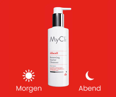 MyCli Alfacall Renewing Starter Cleanser für Gesicht und Körper in weißer Pumpflasche, mit Anwendungshinweis Morgen und Abend auf rotem Hintergrund.