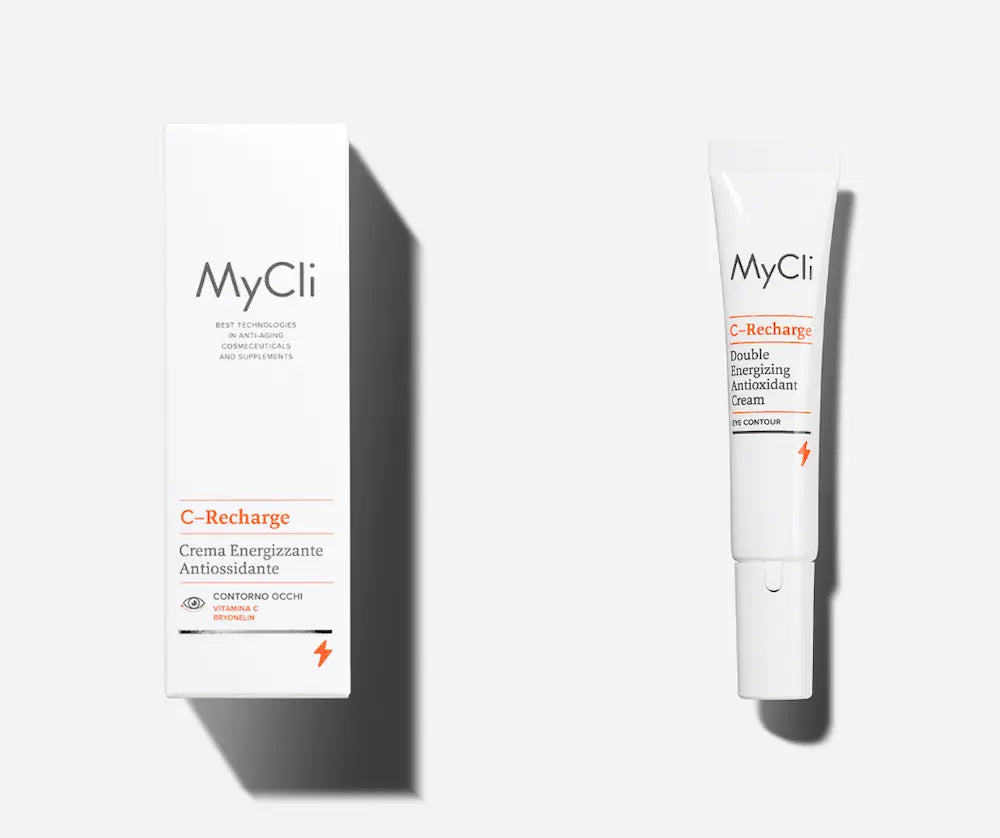 MyCli C-Recharge Augencreme in weißer Tube mit Pumpspender neben weißer Faltschachtel, Aufschrift Crema Energizzante Antiossidante Contorno Occhi mit Vitamina C und Bryonelin.