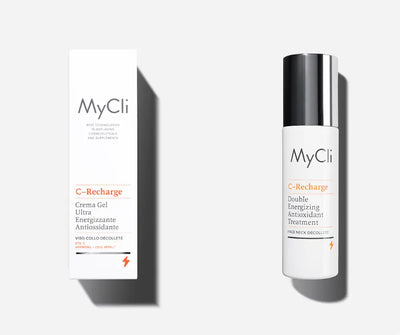 MyCli C-Recharge Double Energizing Antioxidant Treatment Gel-Creme in weißer Pumpflasche neben weißer Faltschachtel