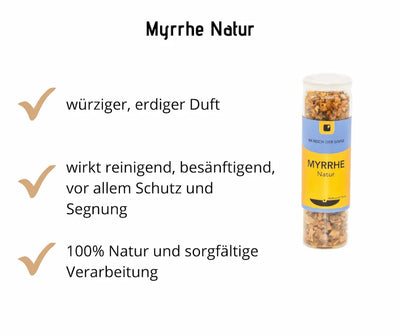 Myrrhe Natur in transparentem Glasröhrchen mit blau-gelbem Etikett, daneben Hinweise zu Duft, Wirkung und Verarbeitung
