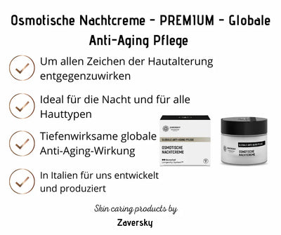 Osmotische Nachtcreme von Zaversky als Tiegel und Verpackung mit Infografik zu Anti-Aging-Pflege für alle Hauttypen.
