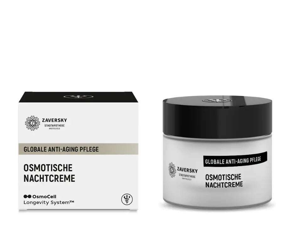 Zaversky Stadtapotheke Osmotische Nachtcreme im weißen Tiegel mit schwarzem Deckel neben passender Verpackung, globale Anti-Aging Pflege