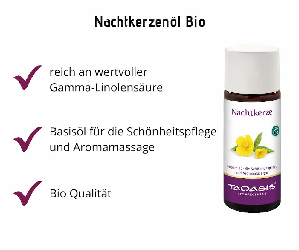 Infografik zu Nachtkerzenöl Bio von Taoasis mit brauner Flasche, weißem Deckel und Vorteilen wie Gamma-Linolensäure und Bio-Qualität