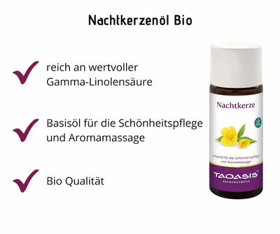 Infografik zu Nachtkerzenöl Bio von Taoasis mit brauner Flasche, weißem Deckel und Vorteilen wie Gamma-Linolensäure und Bio-Qualität