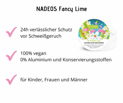 NADEOS Fancy Lime Nº 13 natürliche Deocreme im offenen Tiegel mit Flamingo-Motiv, Infografik mit Vorteilen: 24h Schutz, 100% vegan, 0% Aluminium