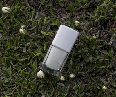 Nagellackflasche mit weißem Deckel und hellem Inhalt, liegend auf grünem Pflanzenbewuchs mit weißen Blütenknospen.