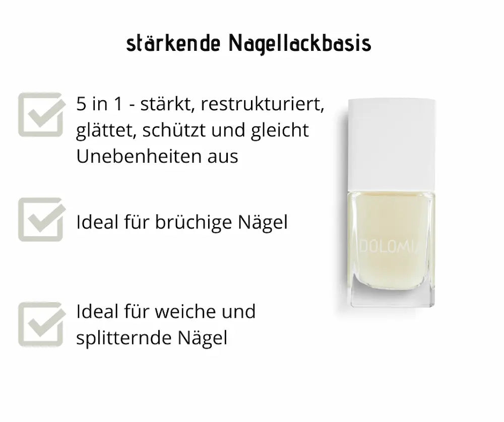 Stärkende Nagellackbasis von Dolomia in eckiger Glasflasche mit weißem Deckel, Infografik mit 5-in-1-Wirkung für brüchige Nägel.