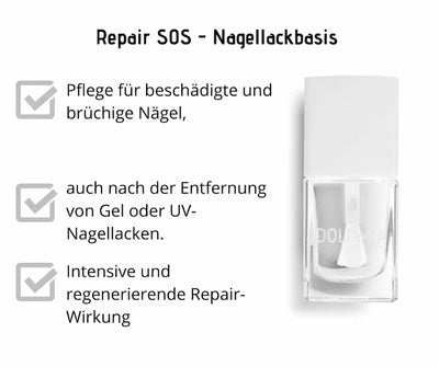 Repair SOS Nagellackbasis von Dolomia in transparenter Glasflasche mit weißem Deckel, Infografik zur Pflege beschädigter und brüchiger Nägel.