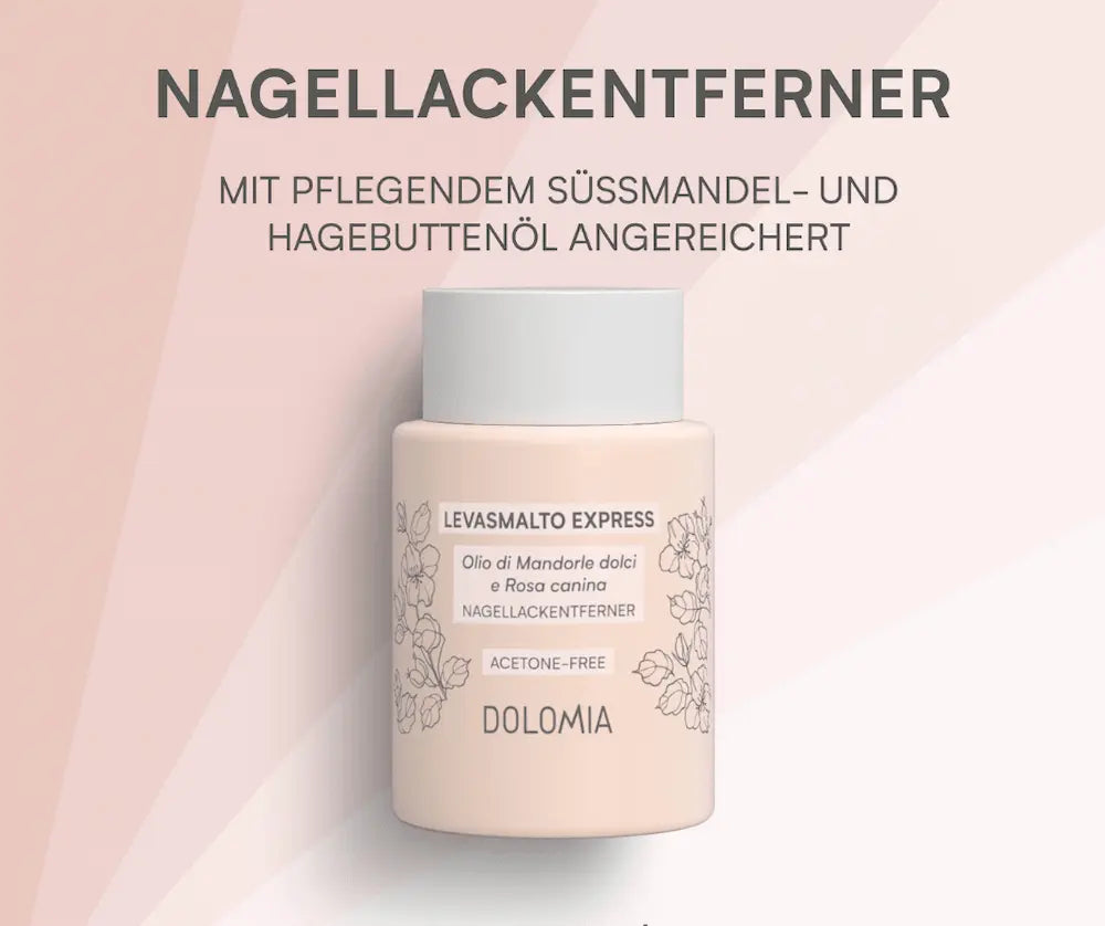 Dolomia Levasmalto Express Nagellackentferner in rosa Flasche mit Süßmandel- und Hagebuttenöl, acetonfrei, Infografik