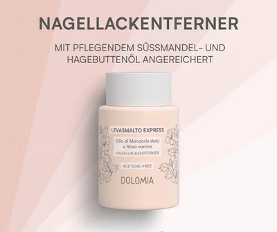 Dolomia Levasmalto Express Nagellackentferner in rosa Flasche mit Süßmandel- und Hagebuttenöl, acetonfrei, Infografik
