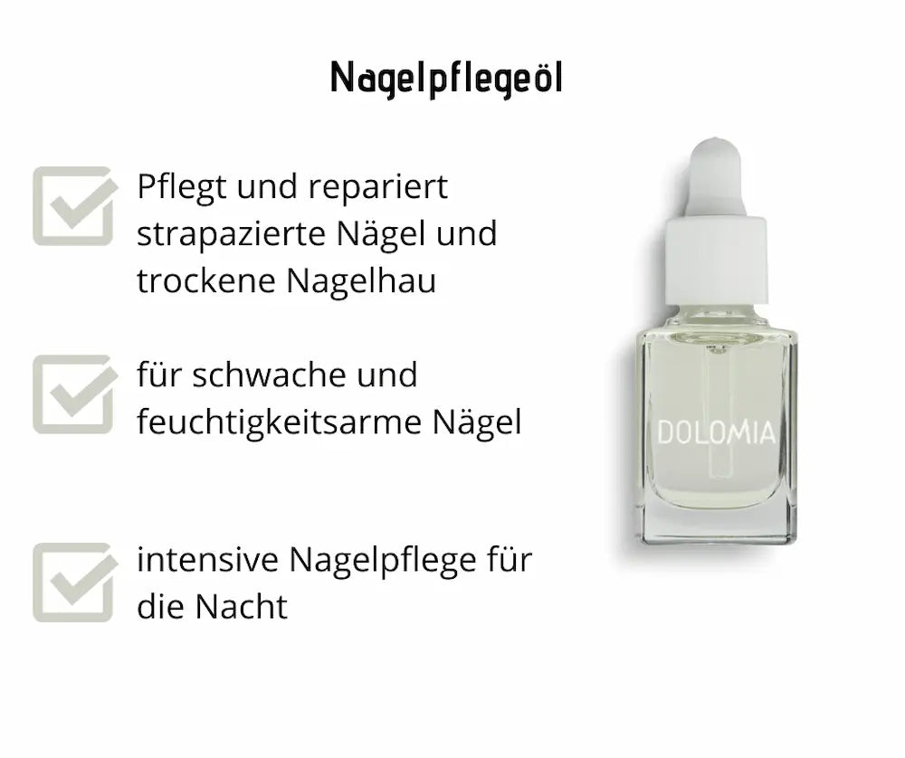 Nagelpflegeöl von Dolomia in eckiger Glasflasche mit Pipette, Infografik mit Hinweisen zur Pflege strapazierter Nägel und Nagelhaut.