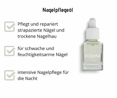Nagelpflegeöl von Dolomia in eckiger Glasflasche mit Pipette, Infografik mit Hinweisen zur Pflege strapazierter Nägel und Nagelhaut.