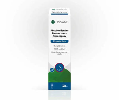  Livsane Abschwellendes Meerwasser-Nasenspray Hypertonisch, weiße Faltschachtel mit grünem und blauem Design, 30 ml, Vorderansicht