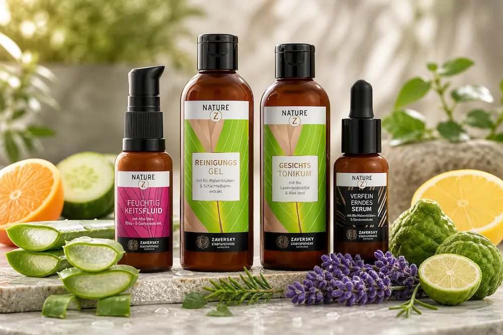 Nature Z Gesichtspflegeset mit Feuchtigkeitsfluid, Reinigungsgel, Gesichtstonikum und Serum in braunen Flaschen, umgeben von Aloe Vera, Zitrusfrüchten und Lavendel