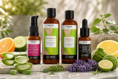 Nature Z Gesichtspflegeset mit Feuchtigkeitsfluid, Reinigungsgel, Gesichtstonikum und Serum in braunen Flaschen, umgeben von Aloe Vera, Zitrusfrüchten und Lavendel