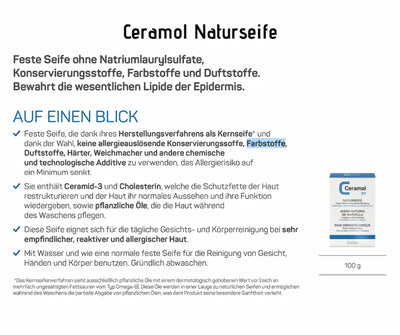 Ceramol Naturseife 311, feste Seife 100 g in weiß-blauer Verpackung mit Infografik zu Inhaltsstoffen und Anwendung