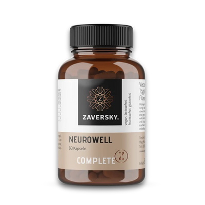 Zaversky Neurowell Complete Z, 60 Kapseln, braune Kapseldose mit Etikett "vegan, lactosefrei, fructosefrei, glutenfrei"