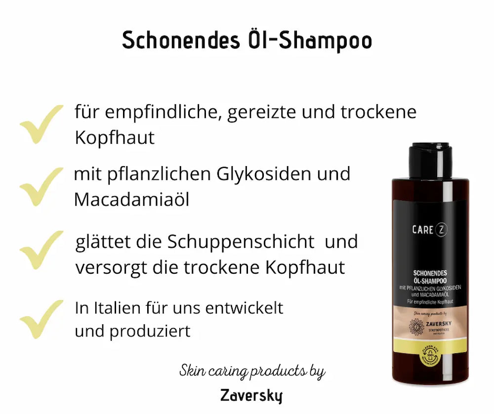 Infografik zum schonenden Öl-Shampoo von Care Z mit pflanzlichen Glykosiden und Macadamiaöl für empfindliche, gereizte und trockene Kopfhaut