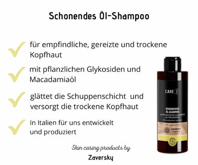 Infografik zum schonenden Öl-Shampoo von Care Z mit pflanzlichen Glykosiden und Macadamiaöl für empfindliche, gereizte und trockene Kopfhaut