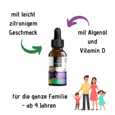 Omega 3 Brain Family Tropfenflasche aus braunem Glas mit Pipette, Zaversky Stadtapotheke, mit Algenöl und Vitamin D, für die ganze Familie ab 4 Jahren