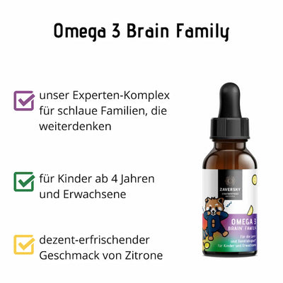 Omega 3 Brain Family Tropfenflasche aus braunem Glas mit Pipette, Infografik mit Hinweisen für Kinder ab 4 Jahren und Zitronengeschmack