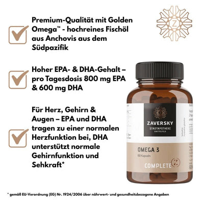 Zaversky Omega 3 mit 60 Kapseln in brauner Glasflasche, daneben drei Produktmerkmale zu Fischöl, EPA, DHA und Tagesdosis