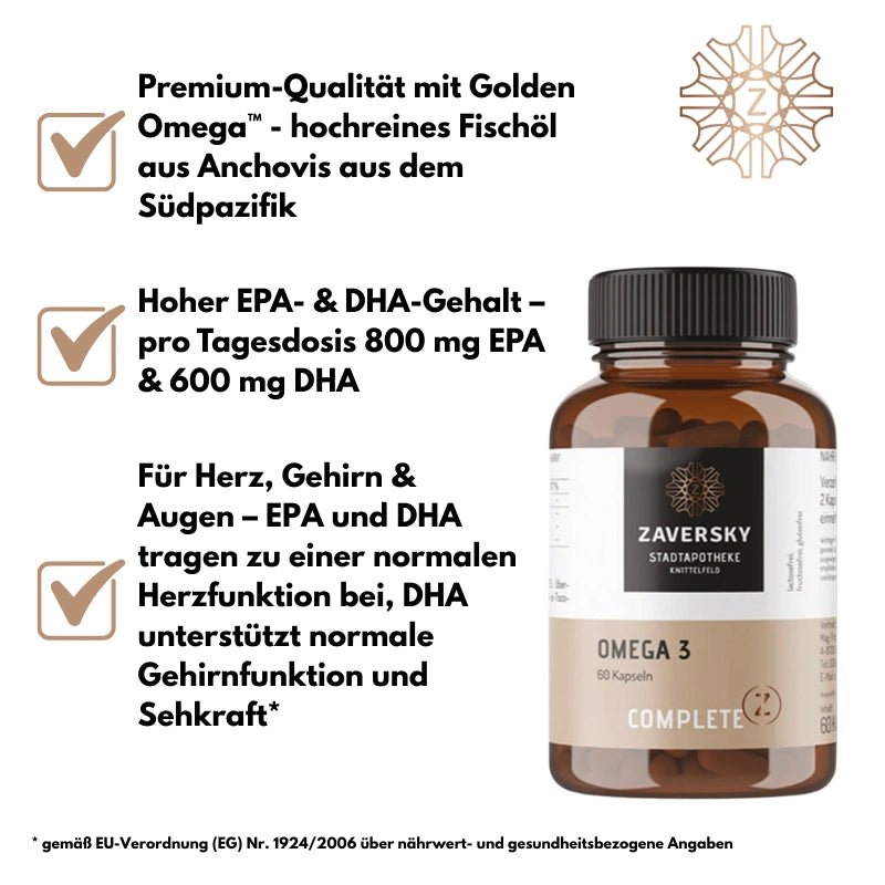 Zaversky Omega 3 mit 60 Kapseln in brauner Glasflasche, daneben drei Produktmerkmale zu Fischöl, EPA, DHA und Tagesdosis