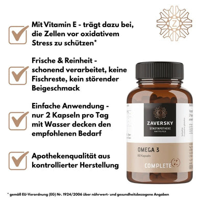 Omega 3 Kapseln von Zaversky Stadtapotheke Knittelfeld in brauner Glasflasche, 60 Kapseln, mit vier Produktvorteilen