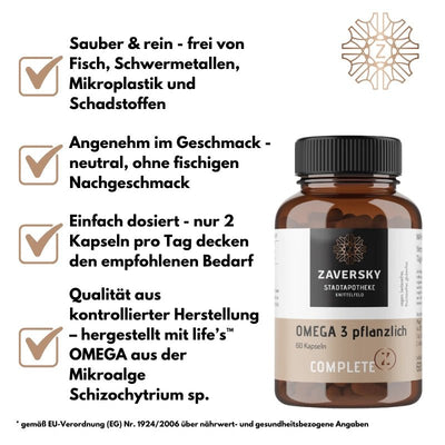 Zaversky Omega 3 pflanzlich Complete im braunen Glas mit 60 Kapseln, daneben vier Produktvorteile mit Häkchen aufgelistet