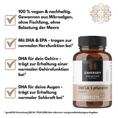 Omega‑3 Kapseln pflanzlich - Veganes Algenöl mit DHA & EPA - Nahrungsergänzung - Apotheke Zaversky