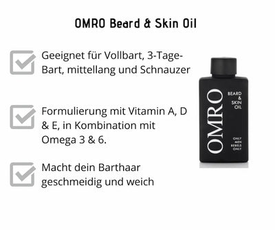 OMRO Beard & Skin Oil in schwarzer Flasche mit Hinweisen zu Barttypen, Vitaminen A, D, E sowie Omega 3 und 6.