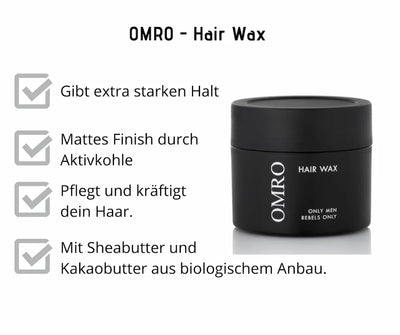 OMRO Hair Wax im schwarzen Tiegel mit Produktmerkmalen: extra starker Halt, mattes Finish, Sheabutter und Kakaobutter.