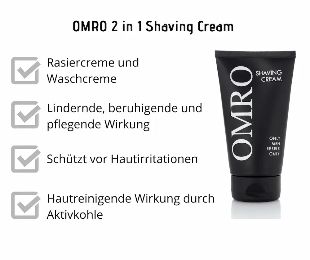 OMRO 2 in 1 Shaving Cream in schwarzer Tube, Rasier- und Waschcreme mit Aktivkohle, lindernd, beruhigend, pflegend
