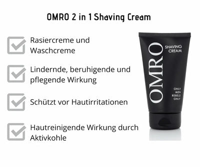 OMRO 2 in 1 Shaving Cream in schwarzer Tube, Rasier- und Waschcreme mit Aktivkohle, lindernd, beruhigend, pflegend